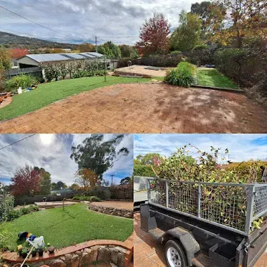 A team of two diverse gardeners in branded uniforms clearing leaves and branches from a Canberra backyard, with a wheelbarrow and compost bin visible. The garden is lush, with native plants and a wooden fence.
