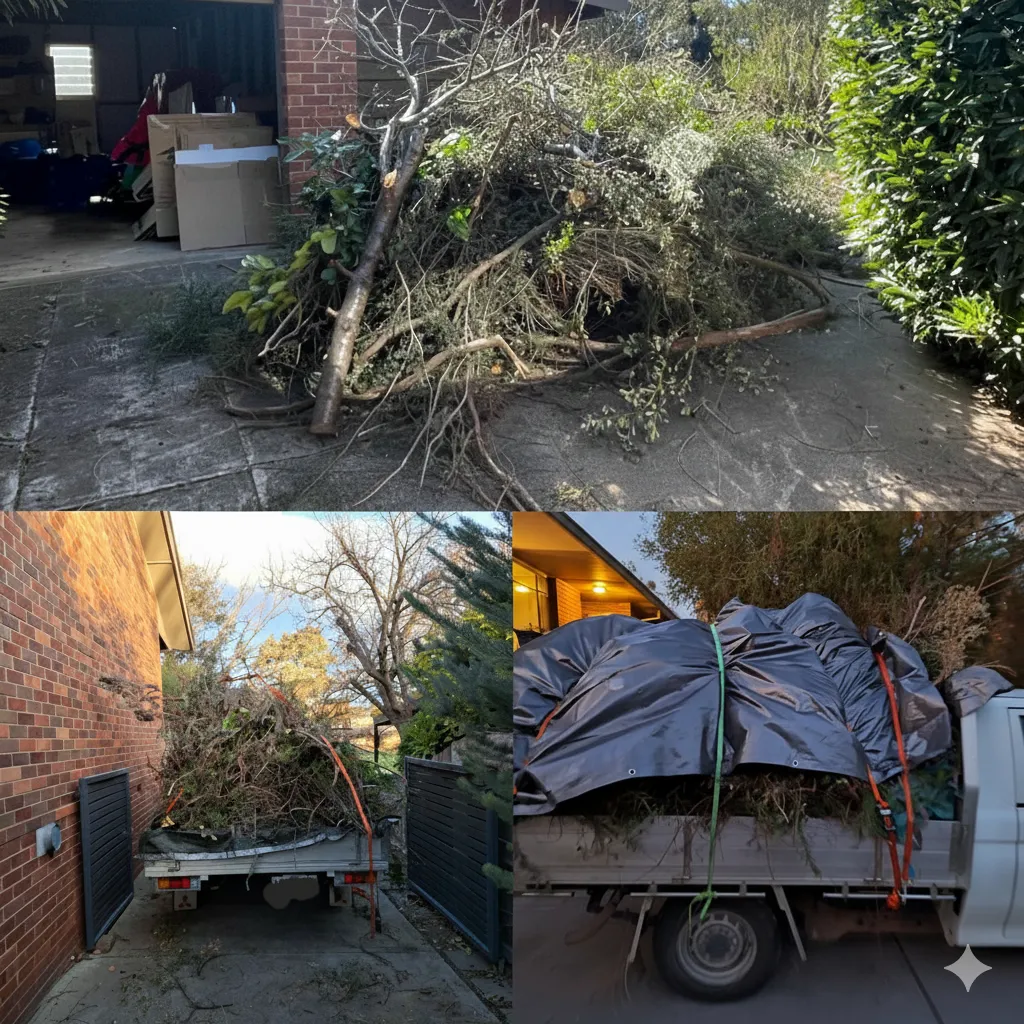 Uniformed rubbish removal team in branded shirts, smiling and loading garden waste into a clean truck in a Canberra suburban driveway, bright morning, 3:2 aspect