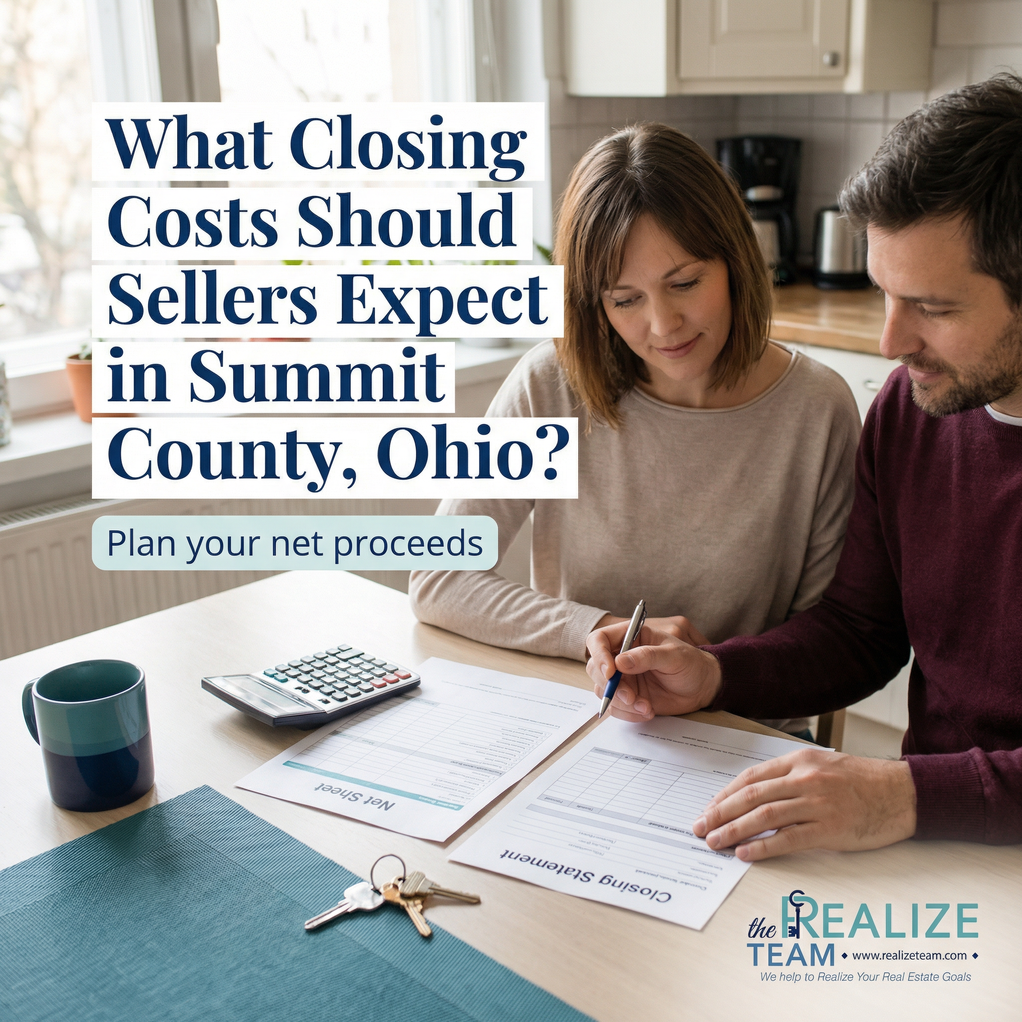 Seller reviewing closing cost documents and net proceeds at a table in Summit County Ohio