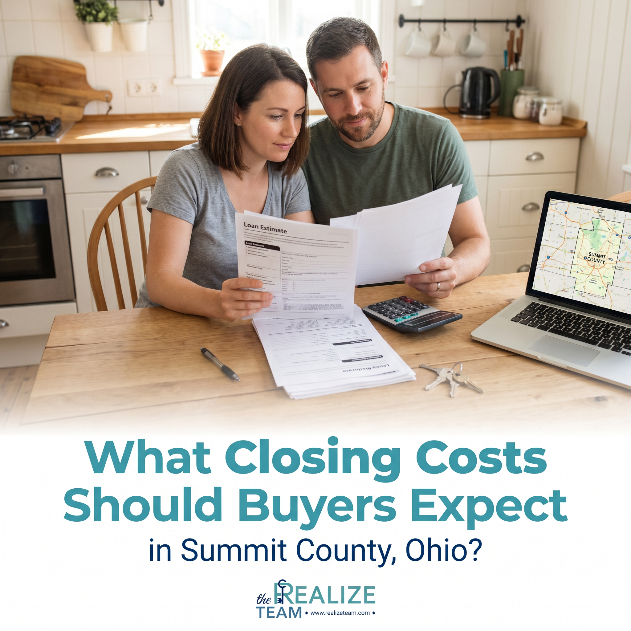 First time homebuyer reviewing closing cost documents and budget at a table in Summit County Ohio
