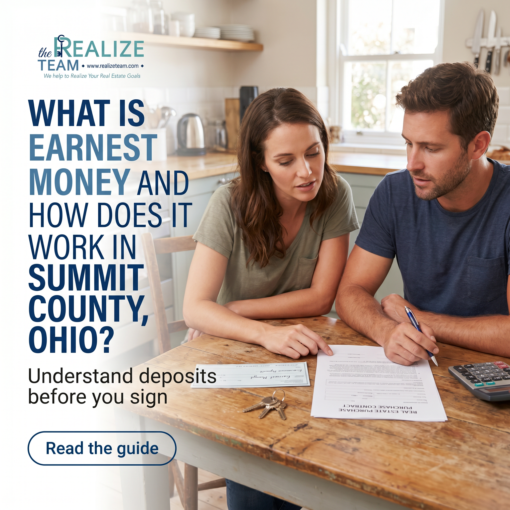 Homebuyer reviewing earnest money deposit and purchase contract documents in Summit County Ohio