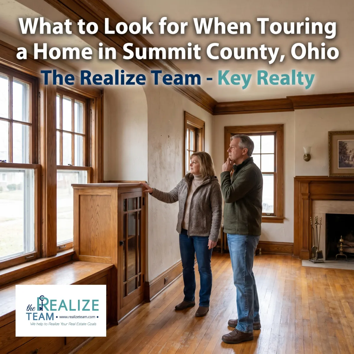 Homebuyer carefully evaluating a home during a tour in a Summit County Ohio neighborhood