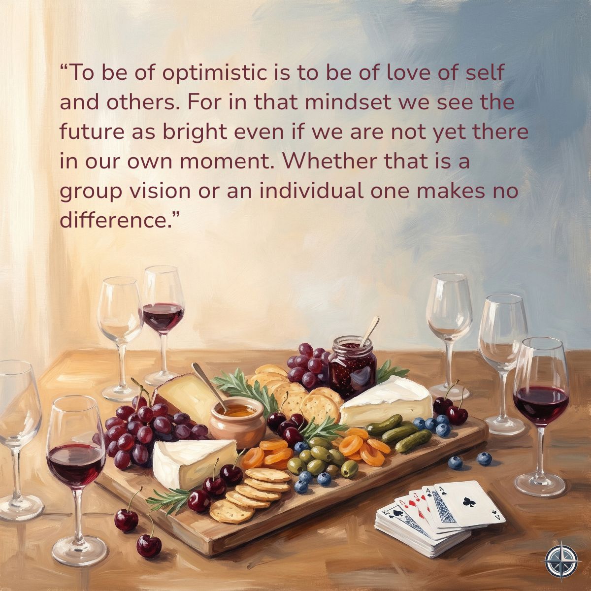 Charcuterie board, wine glasses, and cards with a quote about optimism