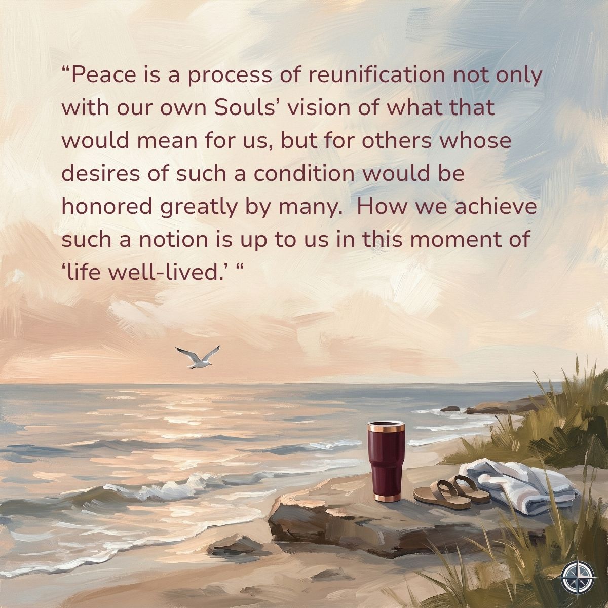 Beach scene with a quote about peace.