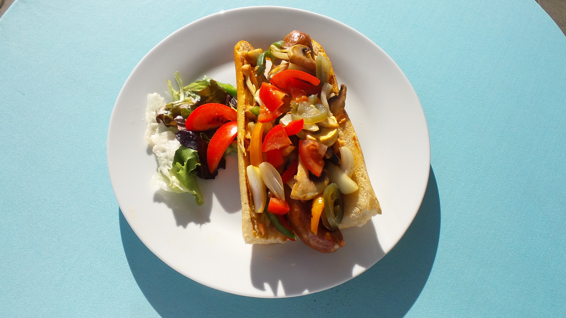 Wurst Sandwich im Baguette mit gegrilltem Gemuese zum Mitnehmen im Restaurant-Cafe bei Flasch City near krieglach, ideal fuer schnelles Essen im Freien