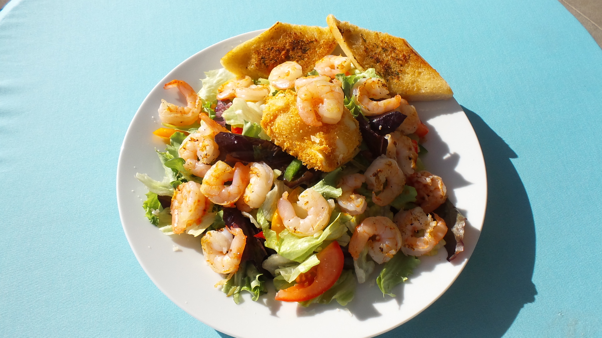 Garnelen Salat mit gebackenem Kaese und Knoblauchbrot zum Mitnehmen im Restaurant-Cafe bei Flasch City near wien, frisch zubereitet fuer den Genuss am Wasser