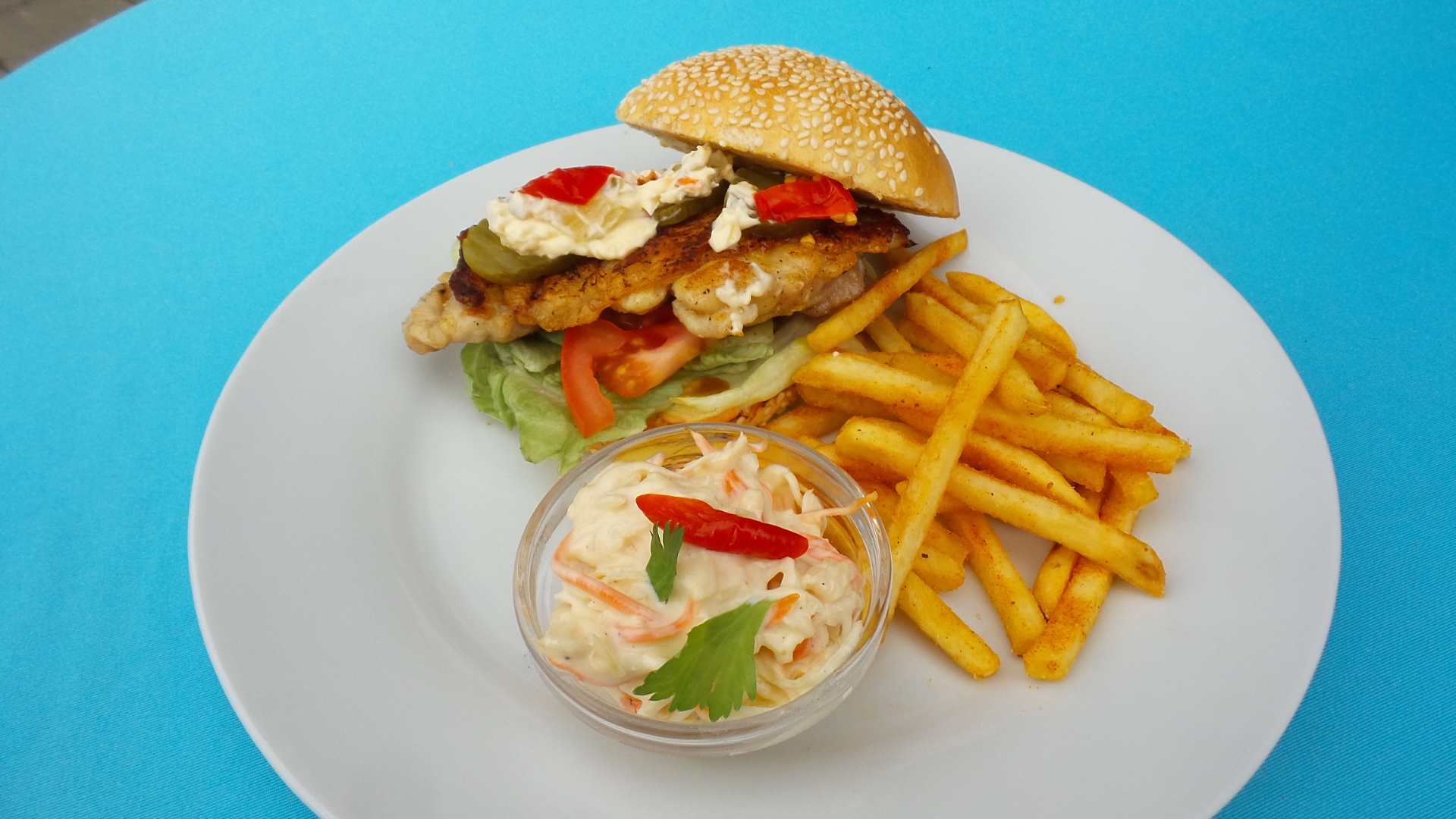 Haehnchenburger mit Pommes und Coleslaw vom Takeaway Restaurant-Cafe bei Flasch City near mediamarkt-st-lorenzen, perfekt fuer eine schnelle Mahlzeit im Freien