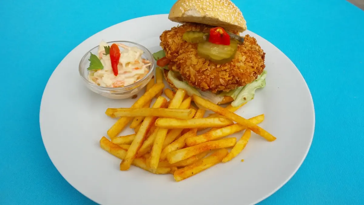 Knuspriger goldbrauner Chicken Burger mit Pommes und Coleslaw im Flasch City burger restaurant-cafe near gloggnitz