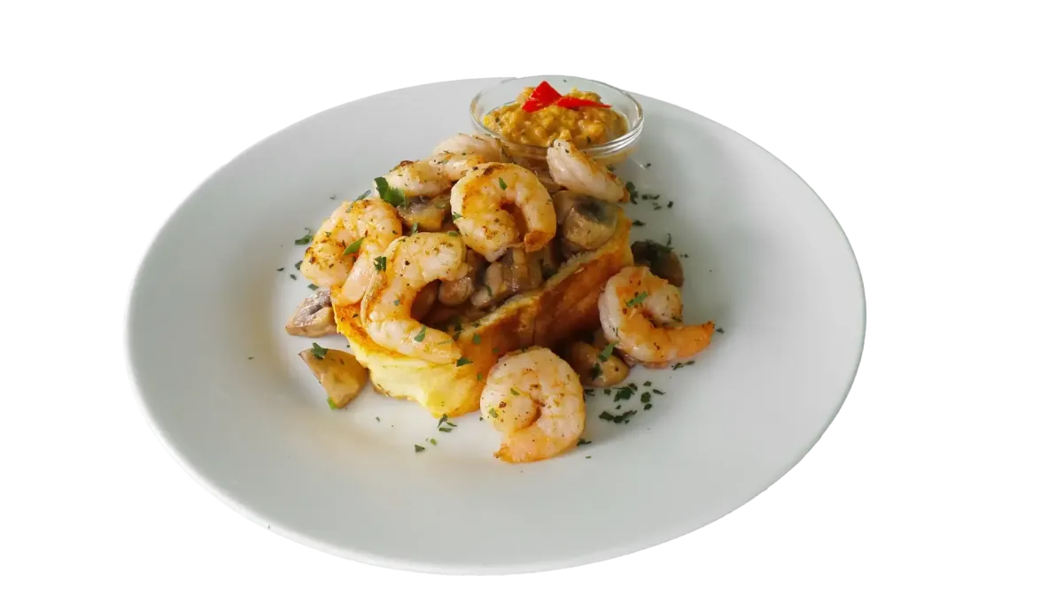 Gegrillte Garnelen mit Pilzen auf geröstetem Brot im meeresfrüchte & forelle restaurant-cafe in Flasch City near Hochsteiermark
