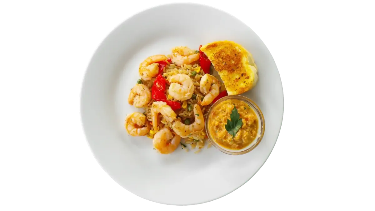 Garnelen mit gewürztem Reis, Paprika und Dip im meeresfrüchte & forelle restaurant-cafe in Flasch City near Südsteiermark