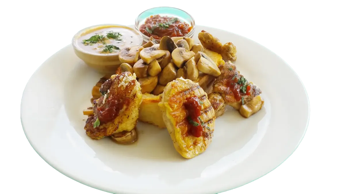 Flasch City Restaurant-Cafe Italien Style Crostini gegrilltes Brot mit Pilzen und Saucen