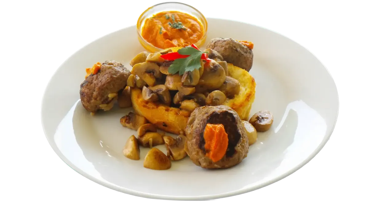 Flasch City Restaurant-Café near hochsteiermark Italien Style Crostini mit Fleischbällchen Pilzen und Saucen auf geröstetem Brot