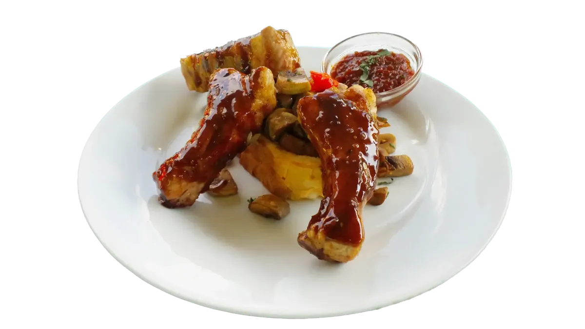 Flasch City Restaurant-Cafe Italien Style Crostini mit BBQ Rippchen Pilzen und Sauce auf geröstetem Brot