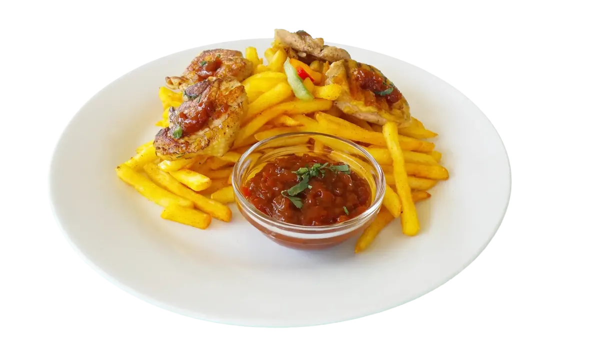 Flasch City Restaurant-Cafe mit belegten Brötchen, Tapas und Happerls sowie gegrilltem Huhn, gewürzten Pommes und Dip als Hauptgericht