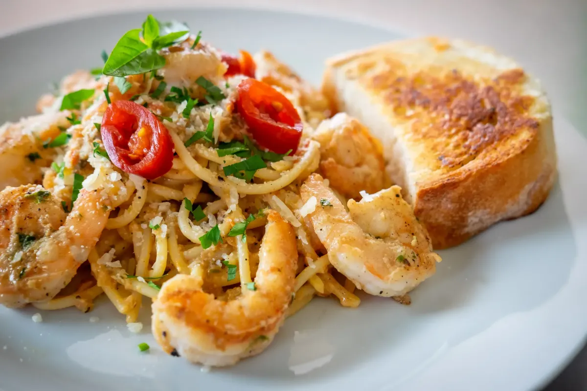 Spaghetti mit Garnelen, Knoblauch, Parmesan und Knoblauchbrot im Flasch City italienischen Pasta Restaurant-Café