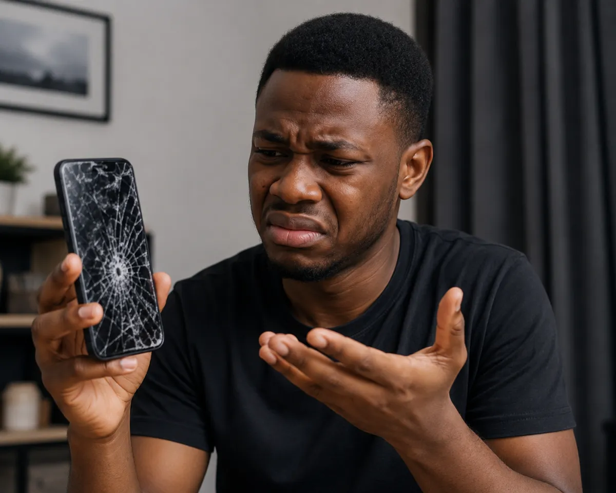 Frustrated man holding a smartphone with a badly cracked screen.
