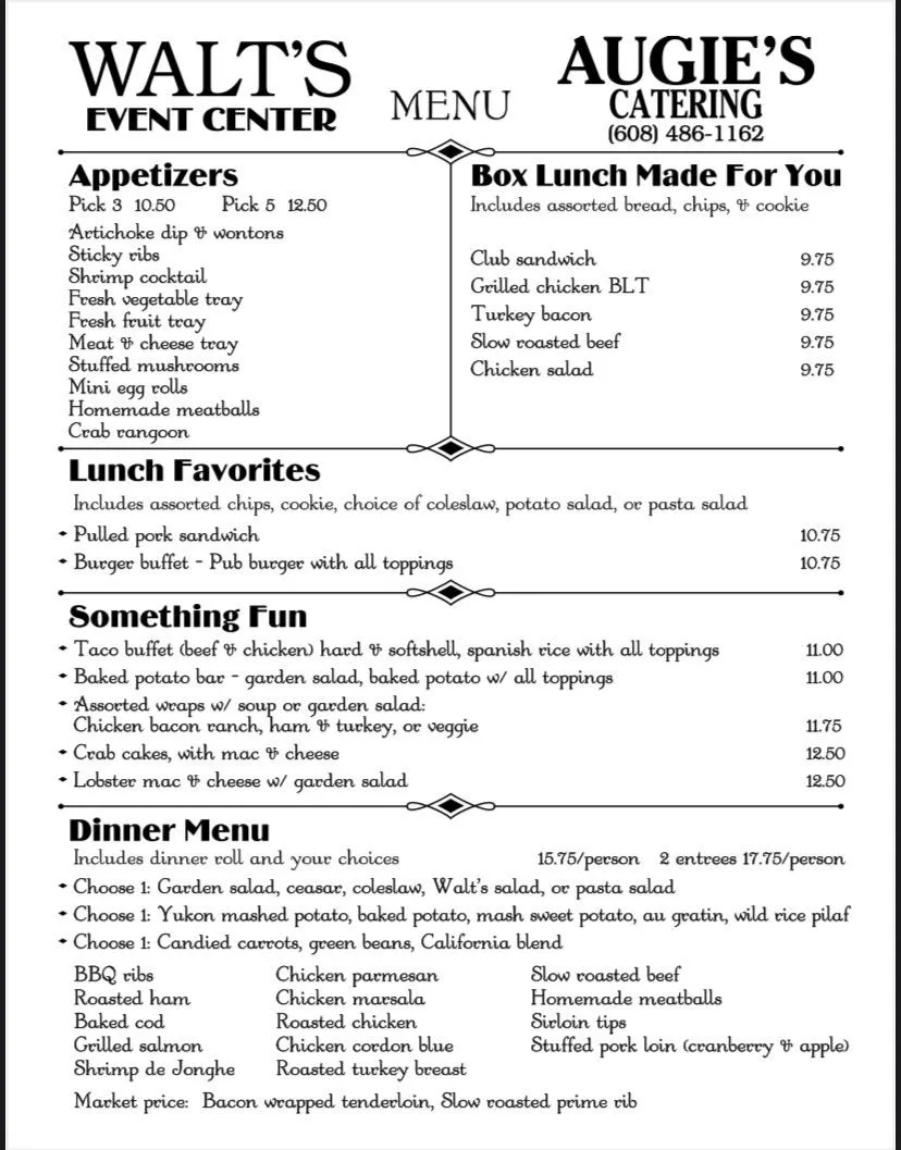 augies bangor wi catering menu