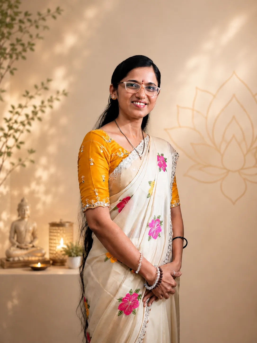 Professional head-and-shoulders portrait of an Indian woman in her thirties, smiling, in business clothing, against a LIGHT softly blurred background