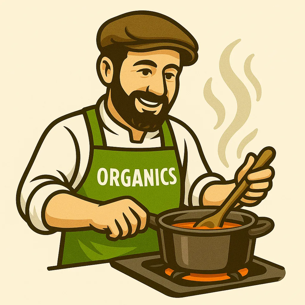 Chef Anthony’s avatar standing at the stove simmering a fresh organic dish at Anthony’s Organics kitchen.