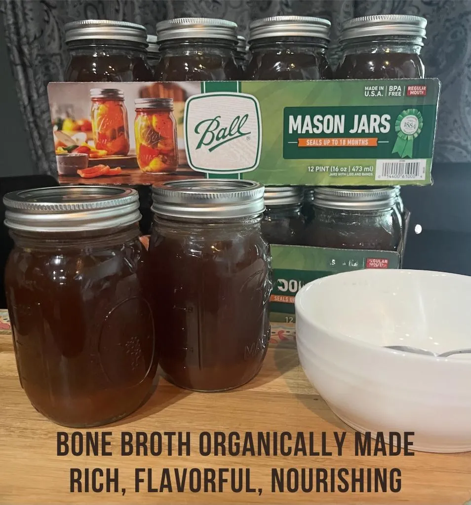 Anthony's Organics Bone Broth, Homemade bone broth in mason jars, freshly prepared by Chef Anthony of Anthony’s Organics — organic, slow-simmered, and nutrient-rich.