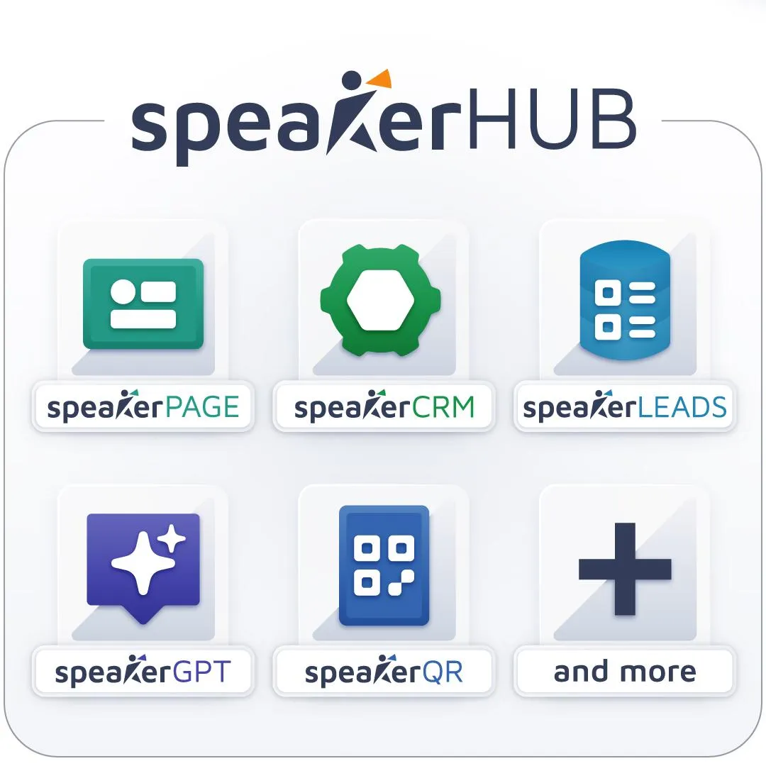 SpeakerHUB product suite overview showing SpeakerPAGE, SpeakerCRM, SpeakerLEADS, SpeakerGPT, SpeakerQR icons and more options for professional speakers