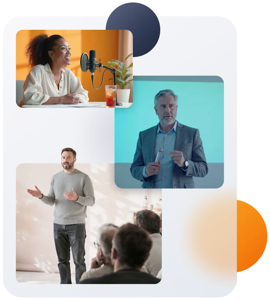 SpeakerHUB use cases mega menu showing diverse professional speakers including consultants, corporate speakers, educators, PhDs, CEOs, marketing agencies, event organizers and authors with professional speaking scenarios