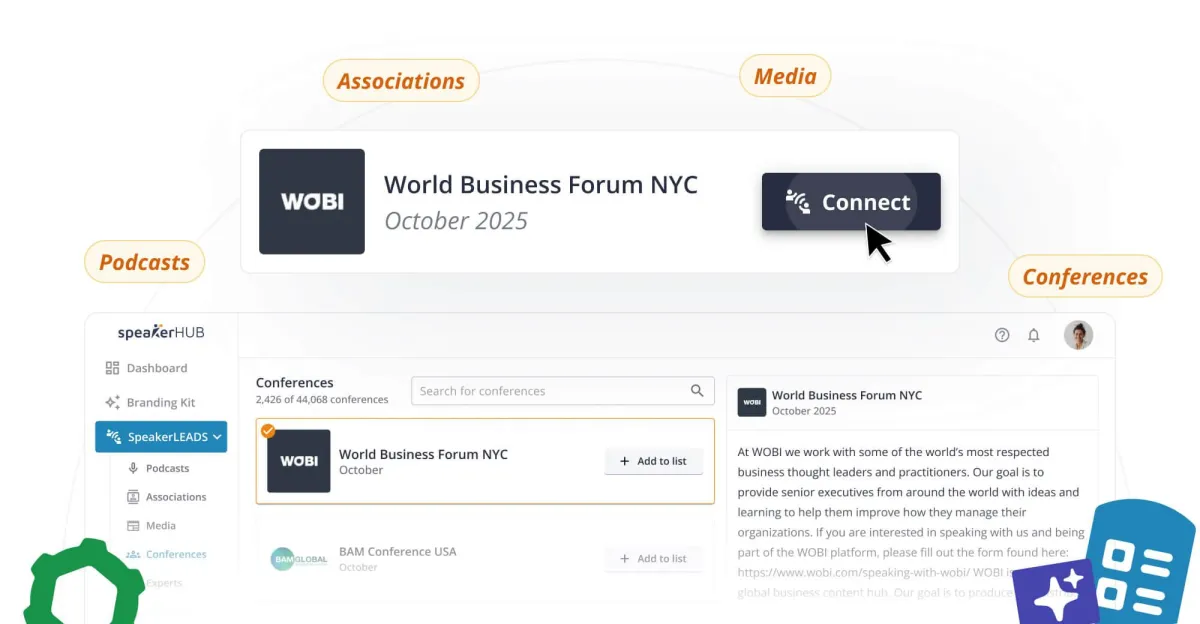 SpeakerHUB dashboard interface showing World Business Forum NYC conference listing with Connect button, featuring navigation menu for Podcasts, Associations, Media, and Conferences categories