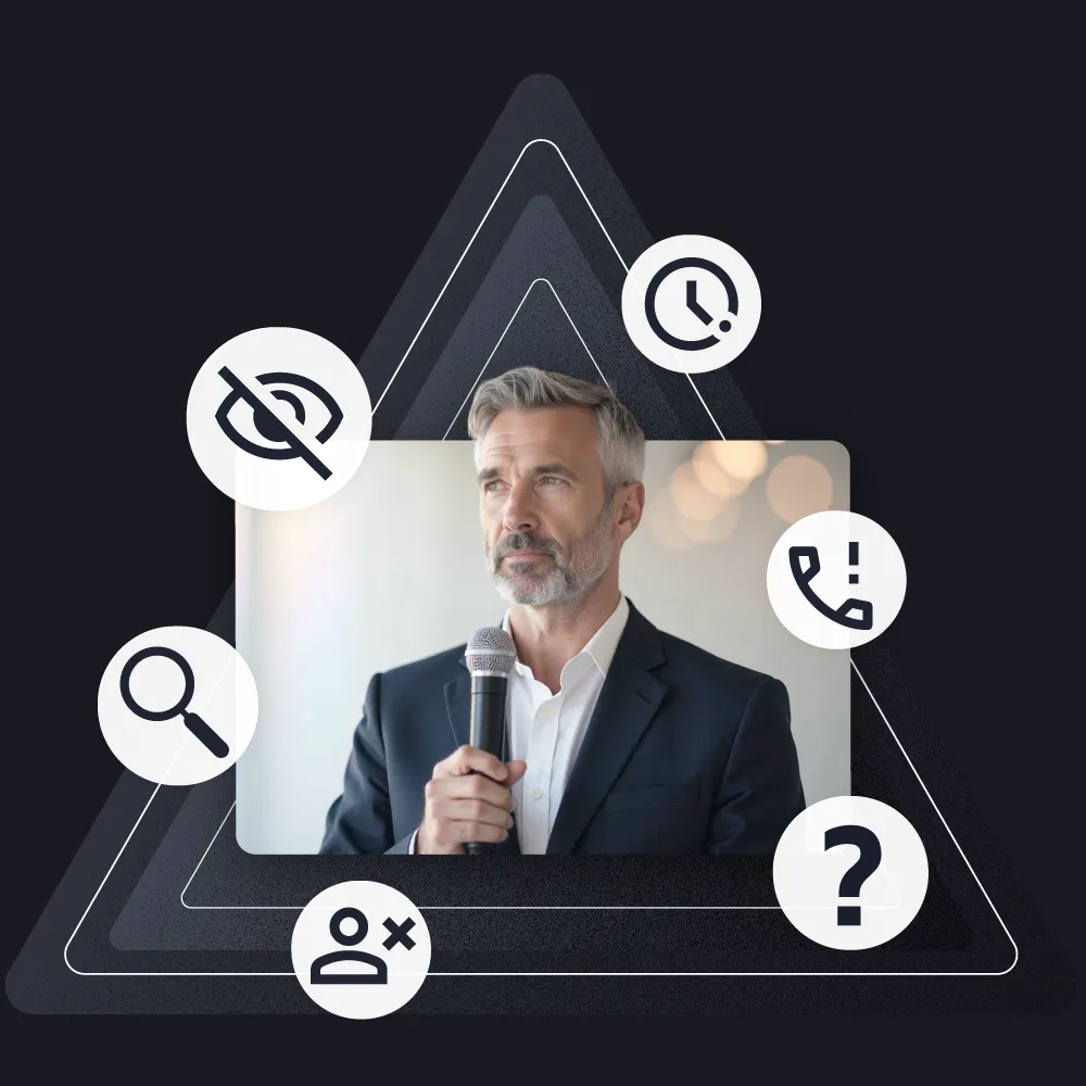 What's broken in traditional business development - Random outreach, unreliable referrals, unpredictability, and inconsistent deal flow illustrated with icons