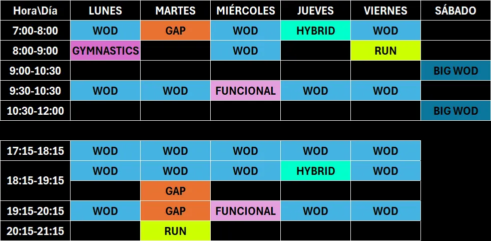 tabla con horario de clases del centro