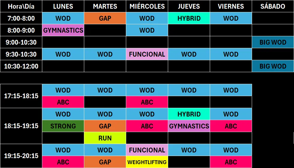 tabla con horario de clases del centro