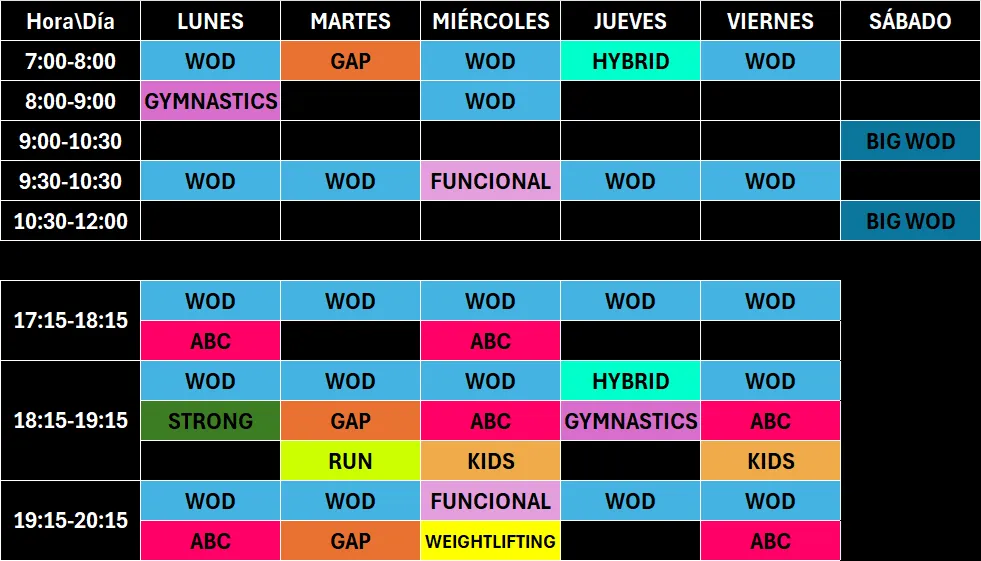 tabla con horario de clases del centro