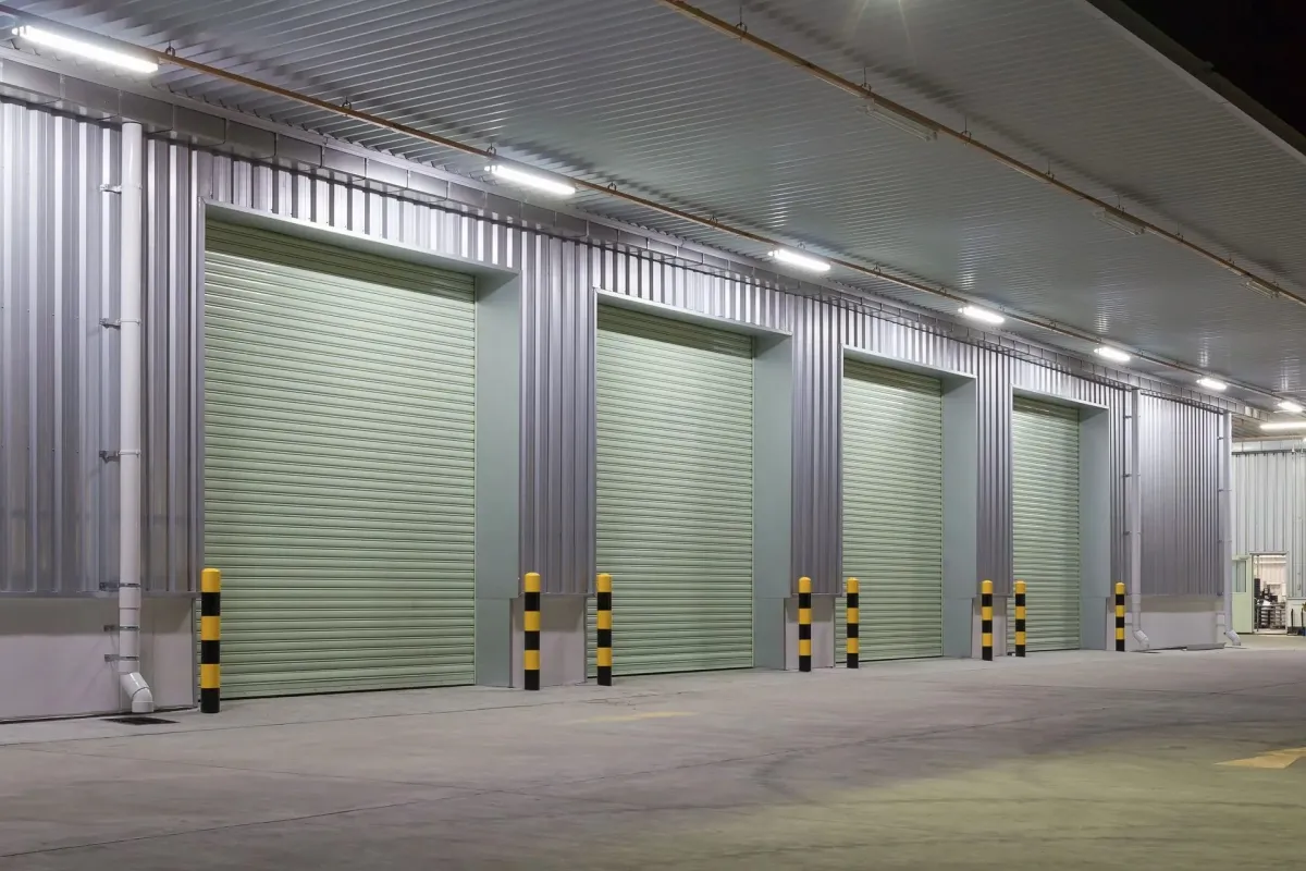 Row of closed industrial loading bay doors under bright exterior lights.