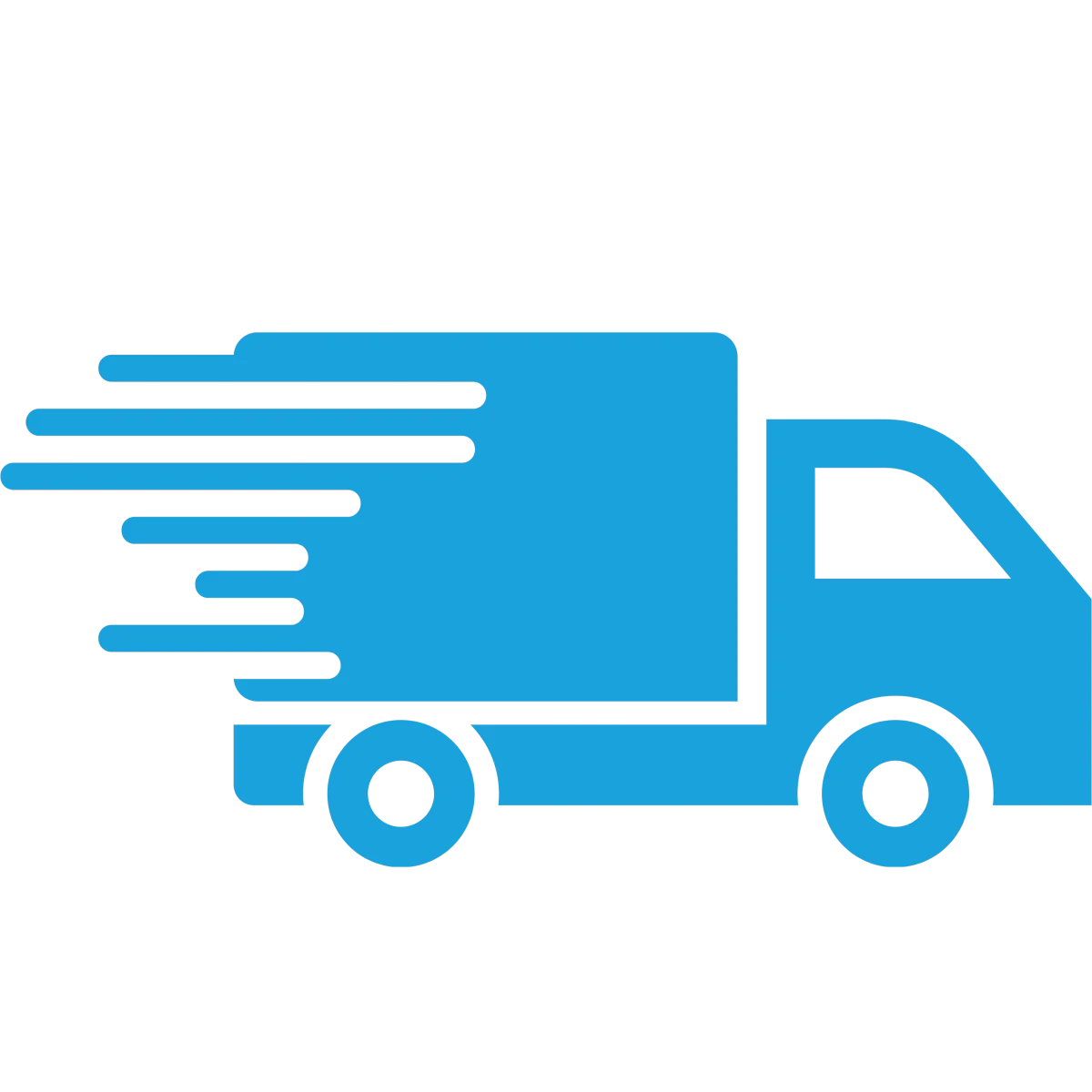 Blue delivery truck icon moving fast with speed motion lines.