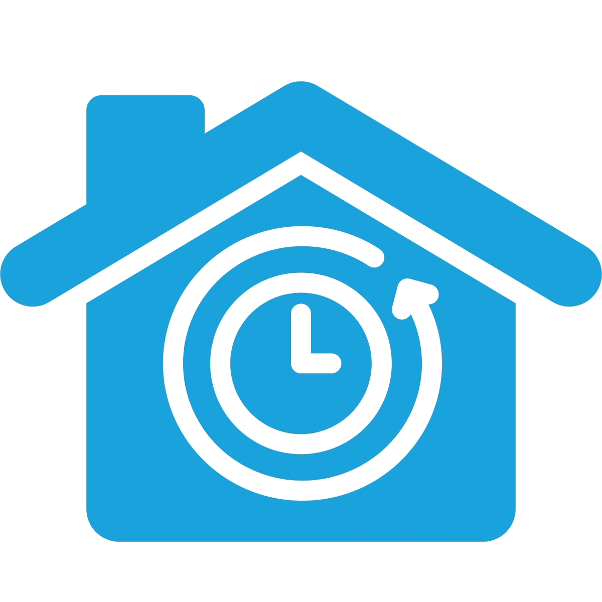 Blue icon of a house containing a clock face with a circular arrow.   