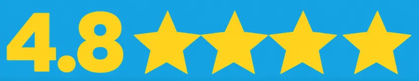 Yellow 4.8 rating score next to four yellow stars on a blue background.