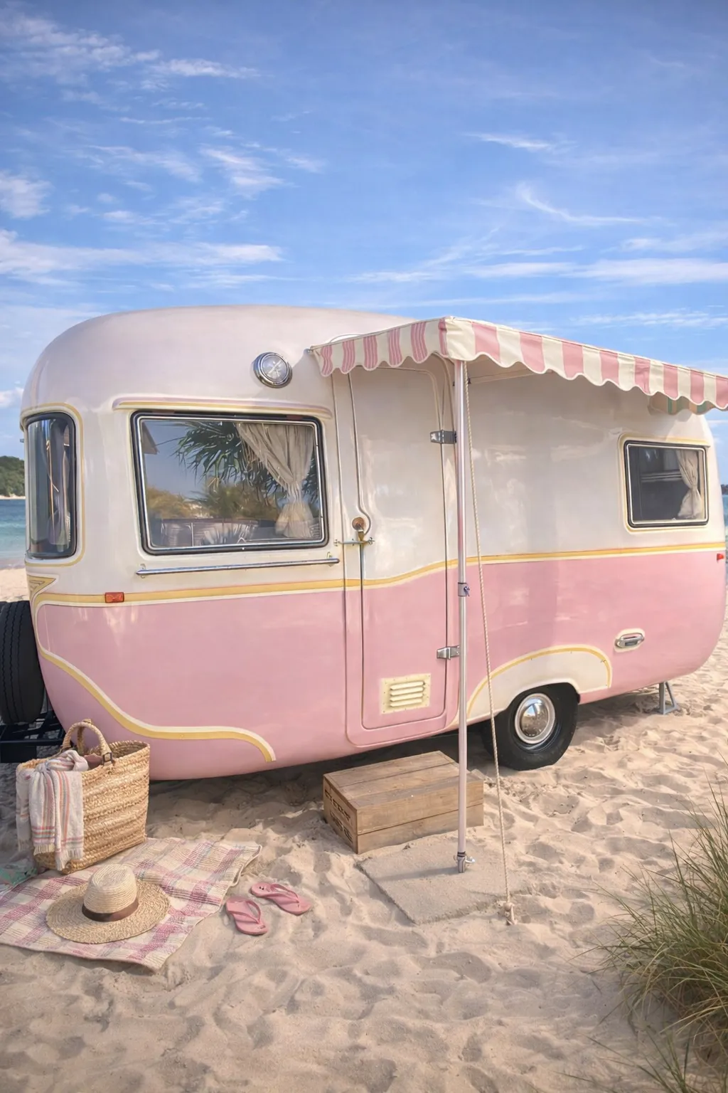 A retro pastel BarkerVan 16 caravan with a dog at golden hour