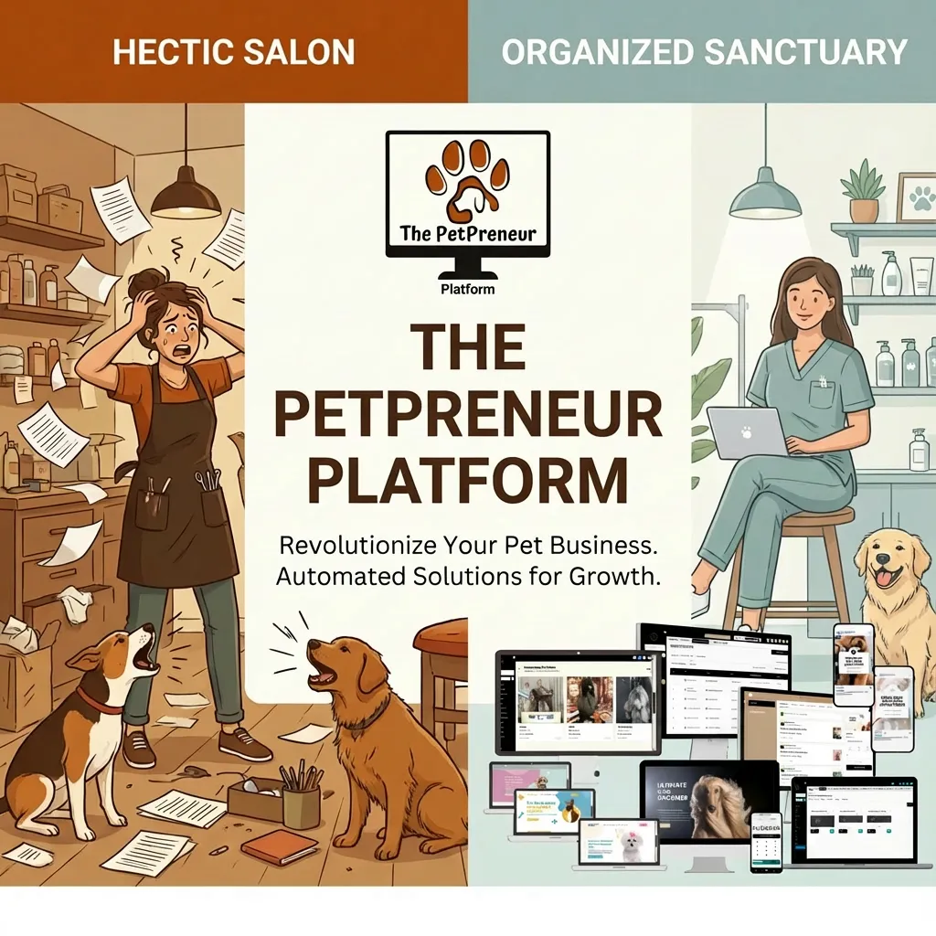 Stressed Lady who doesn't use the platform one side and the other a lady stressfree who does use The Petpreneur Platform