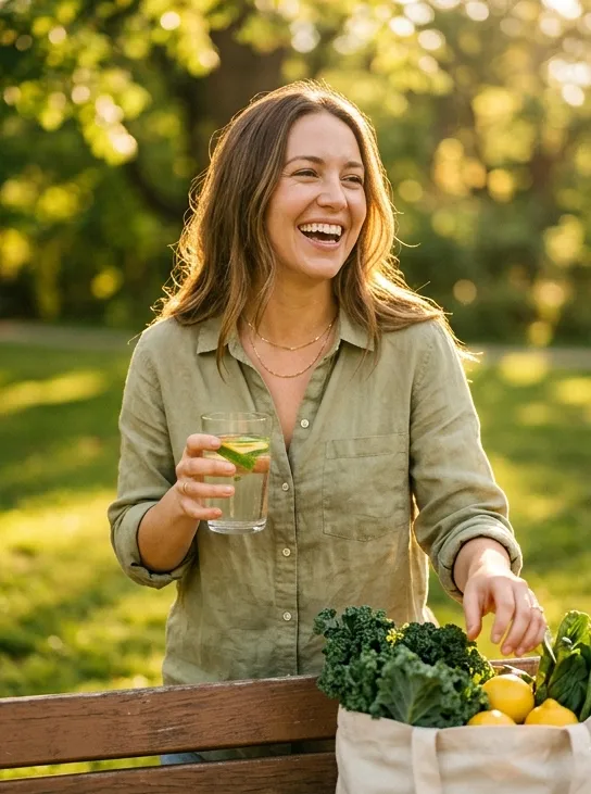 Happy woman with glowing skin enjoying a moment of self-confidence and calm in a light, airy setting.