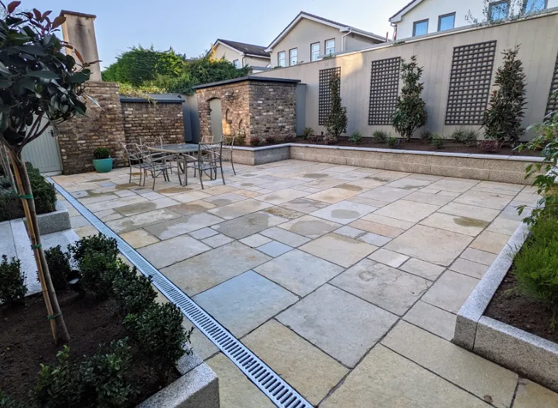 a pond in a park with buildings in the background