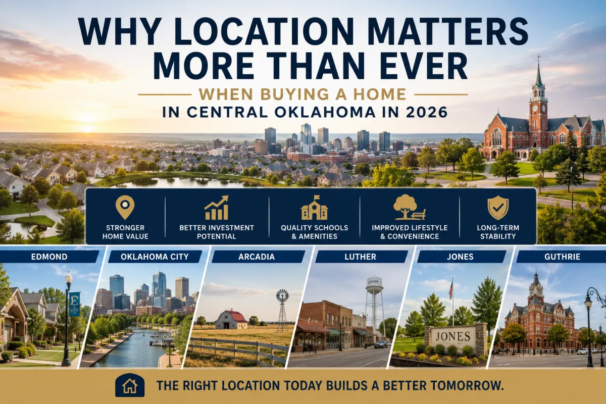 Illustration highlighting why location matters when buying a home in Central Oklahoma, featuring Edmond, Oklahoma City, Arcadia, Luther, Jones, and Guthrie.