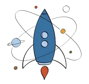A blue rocket ship with red flame on an off-white background, surrounded by colorful planets, as a logo for LaunchPad Apparel.