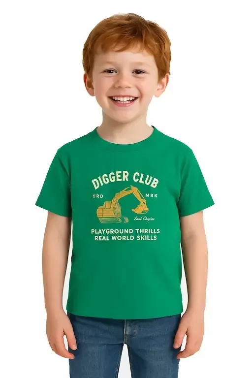 Toddler in green t-shirt with excavator design and blue jeans, smiling against white background.
