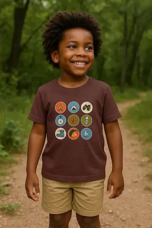 Child wearing a brown t-shirt with nature icons, smiling on a forest path; perfect for eco-friendly, original toddler clothing.