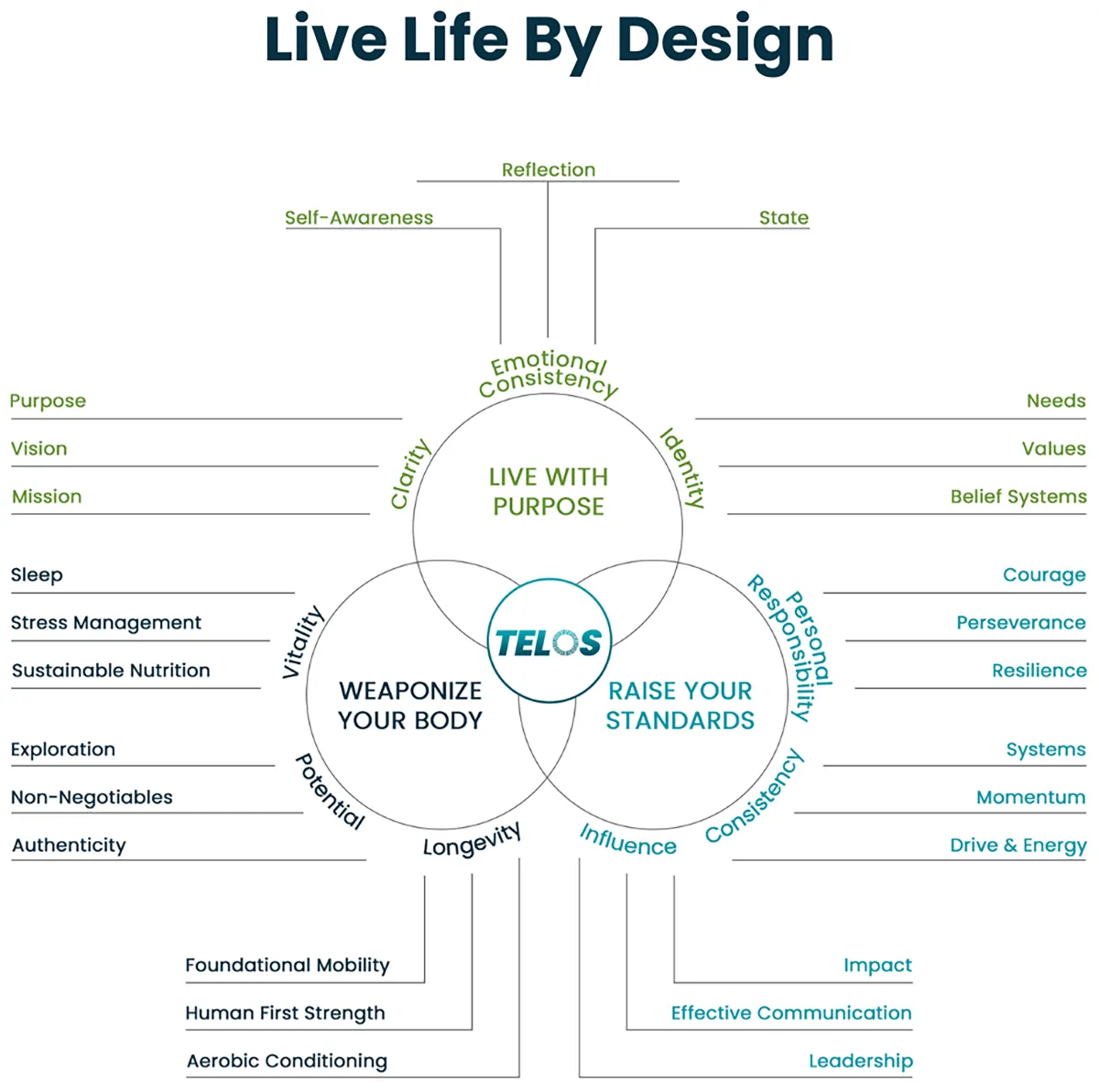 TELOS Framework Live Life By Design with 3 Venn diagram Circles