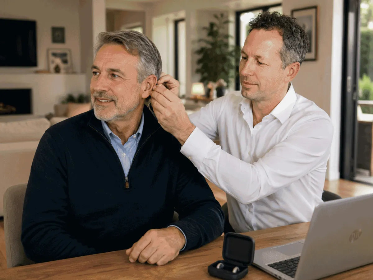 James (audiologist) fits a hearing aid to a clients ear within their home