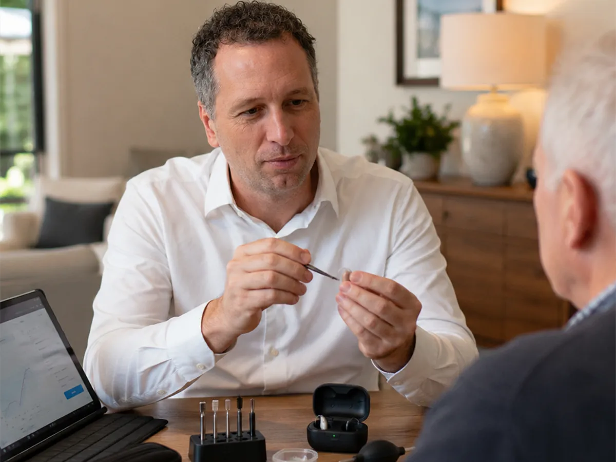 James Roxburgh audiologist cleans and repairs of clients hearing aids within their own home