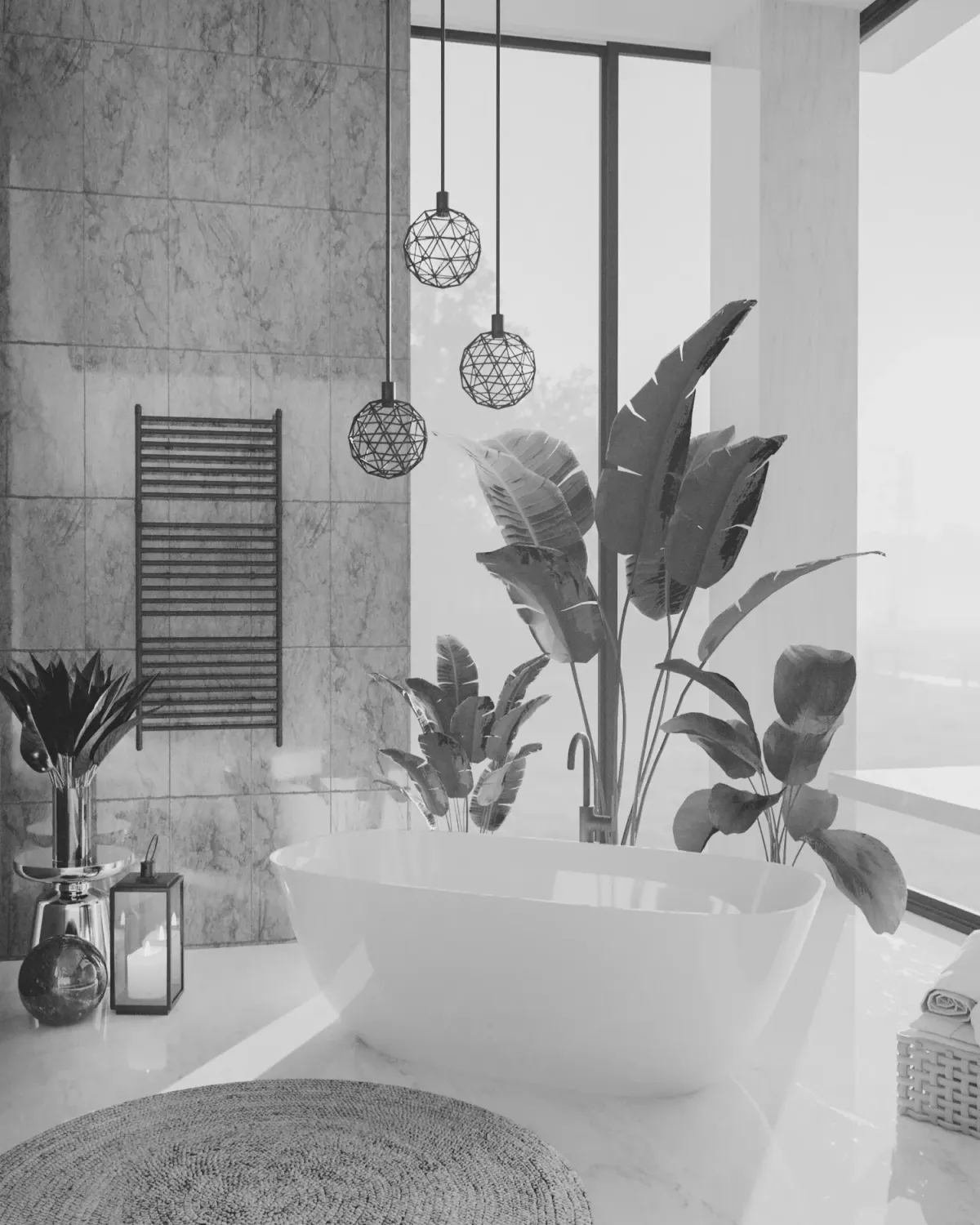 Spa room with luxury garden tub and plants in front of an open window; shown in black and white