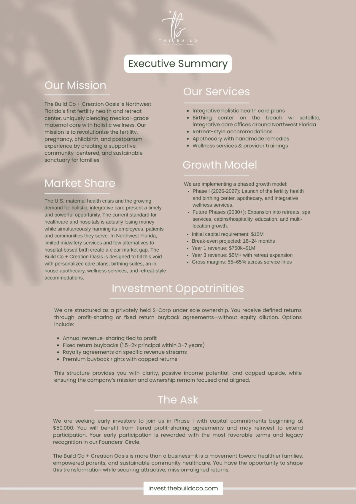 The Build Co + Creation Oasis Executive Summary