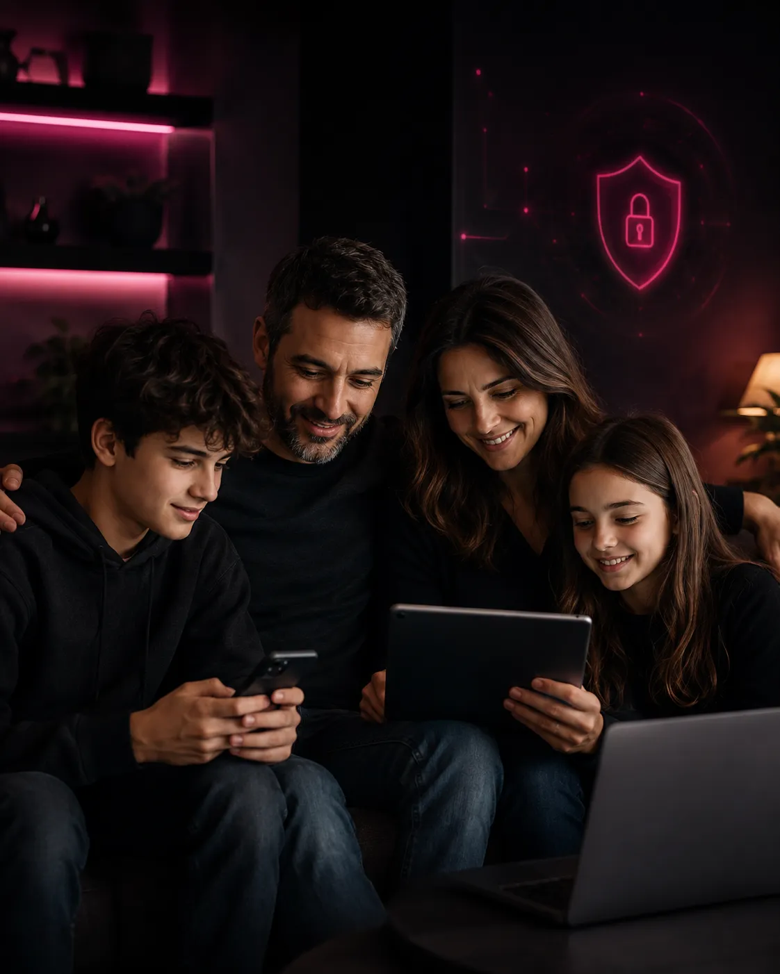Family looking at laptop