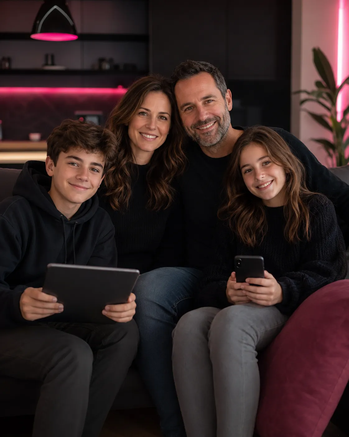 Family calmly using technology together in a safe way